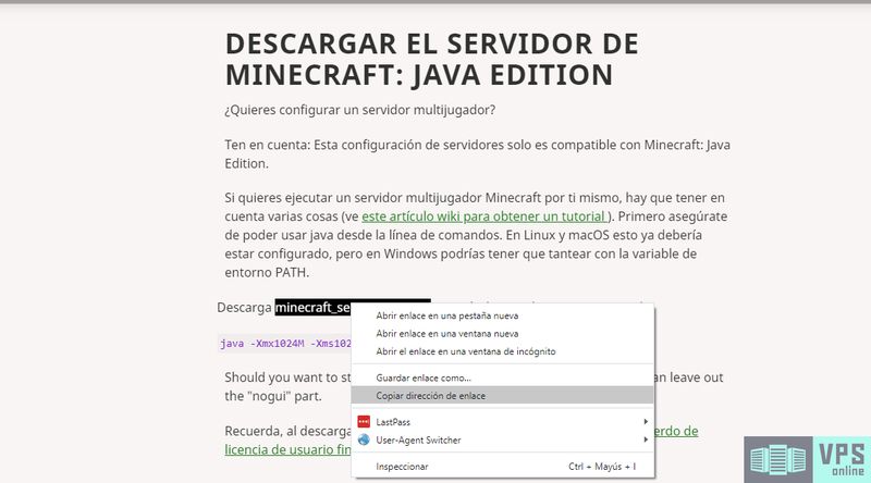 Obtener URL de descarga del archivo  de servidor de Minecraft desde la página oficial
